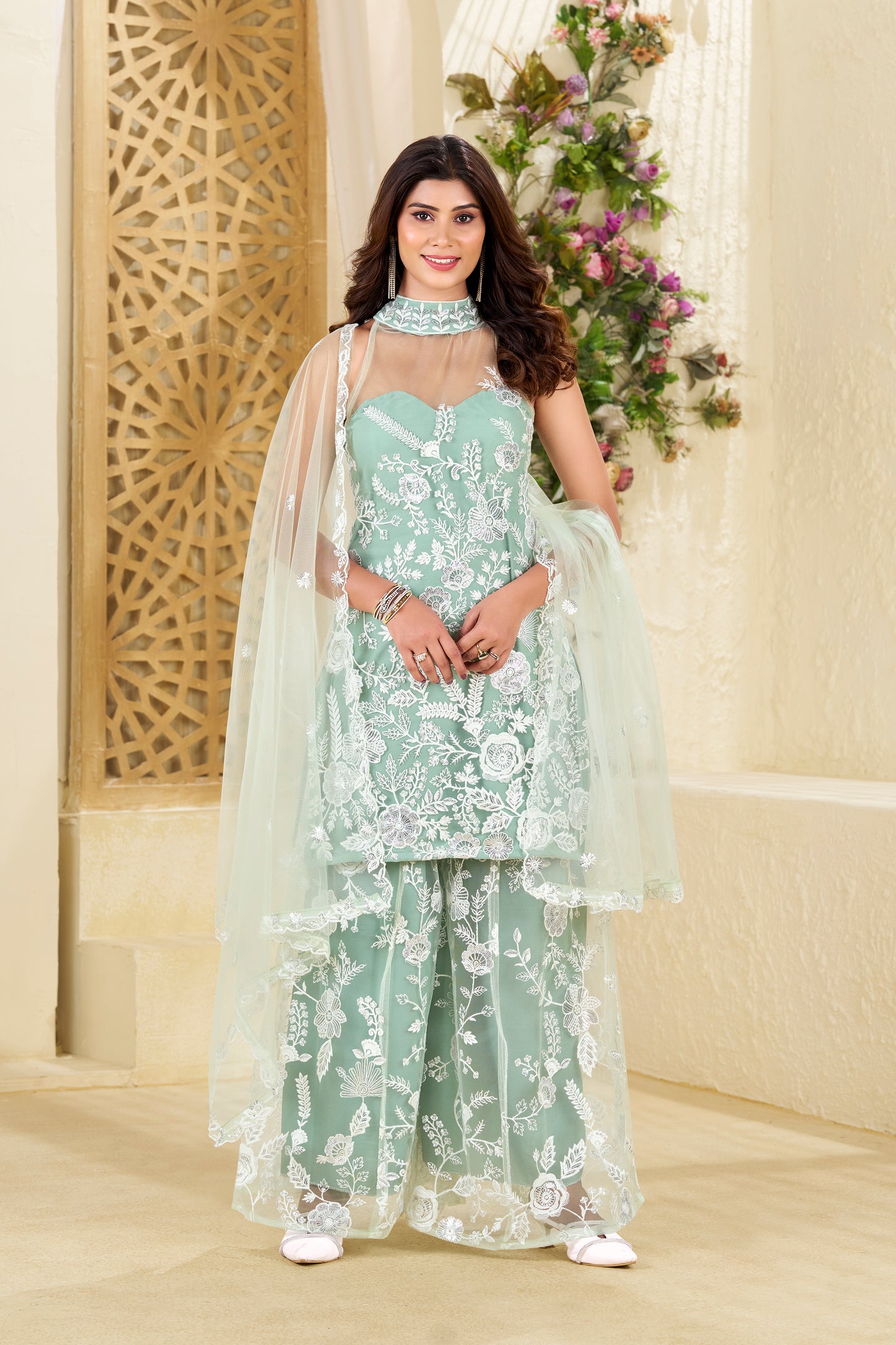 Liora Mint Pastel Botanical White Thread Motifs and Floating Dupatta