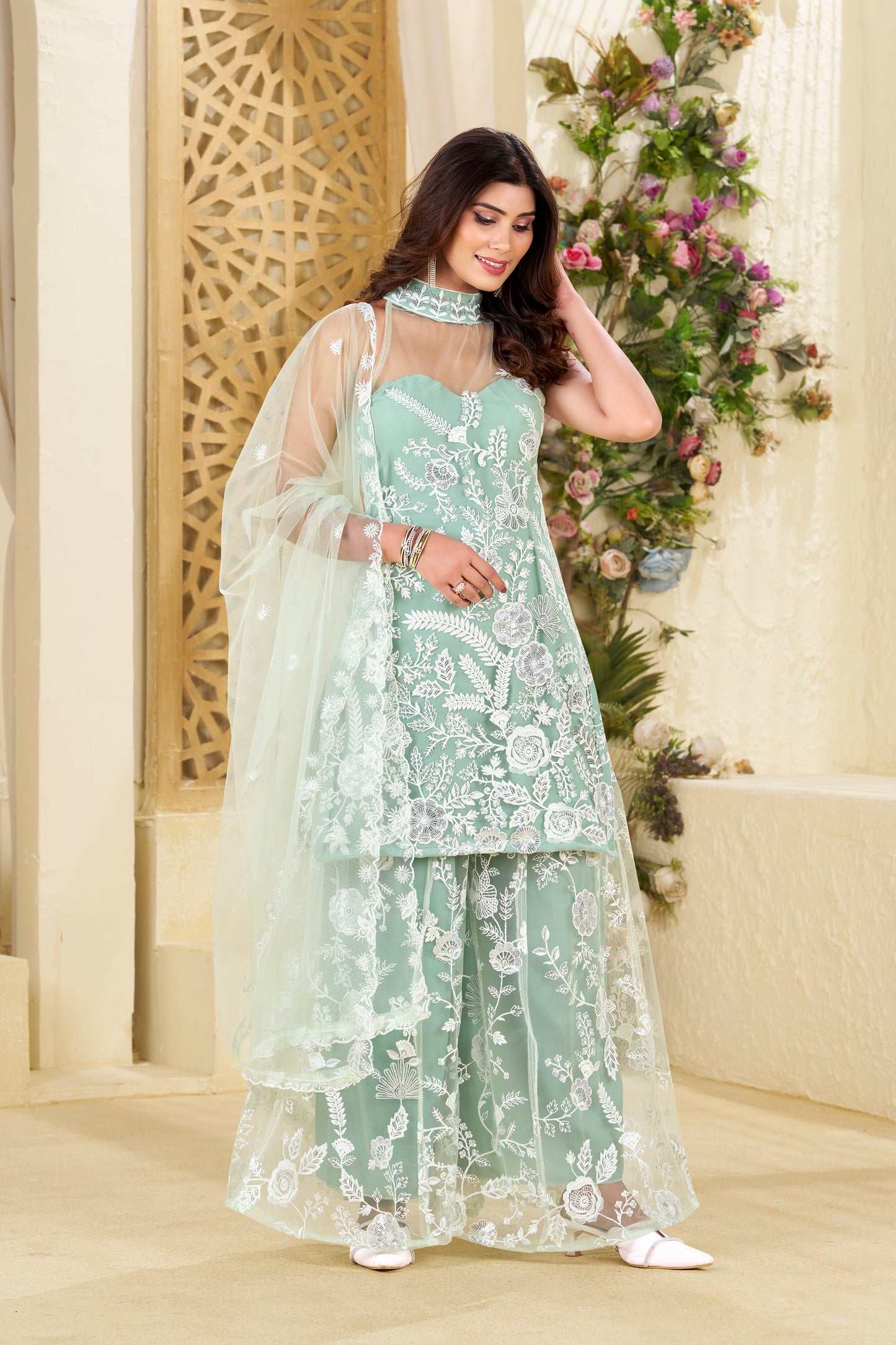 Liora Mint Pastel Botanical White Thread Motifs and Floating Dupatta