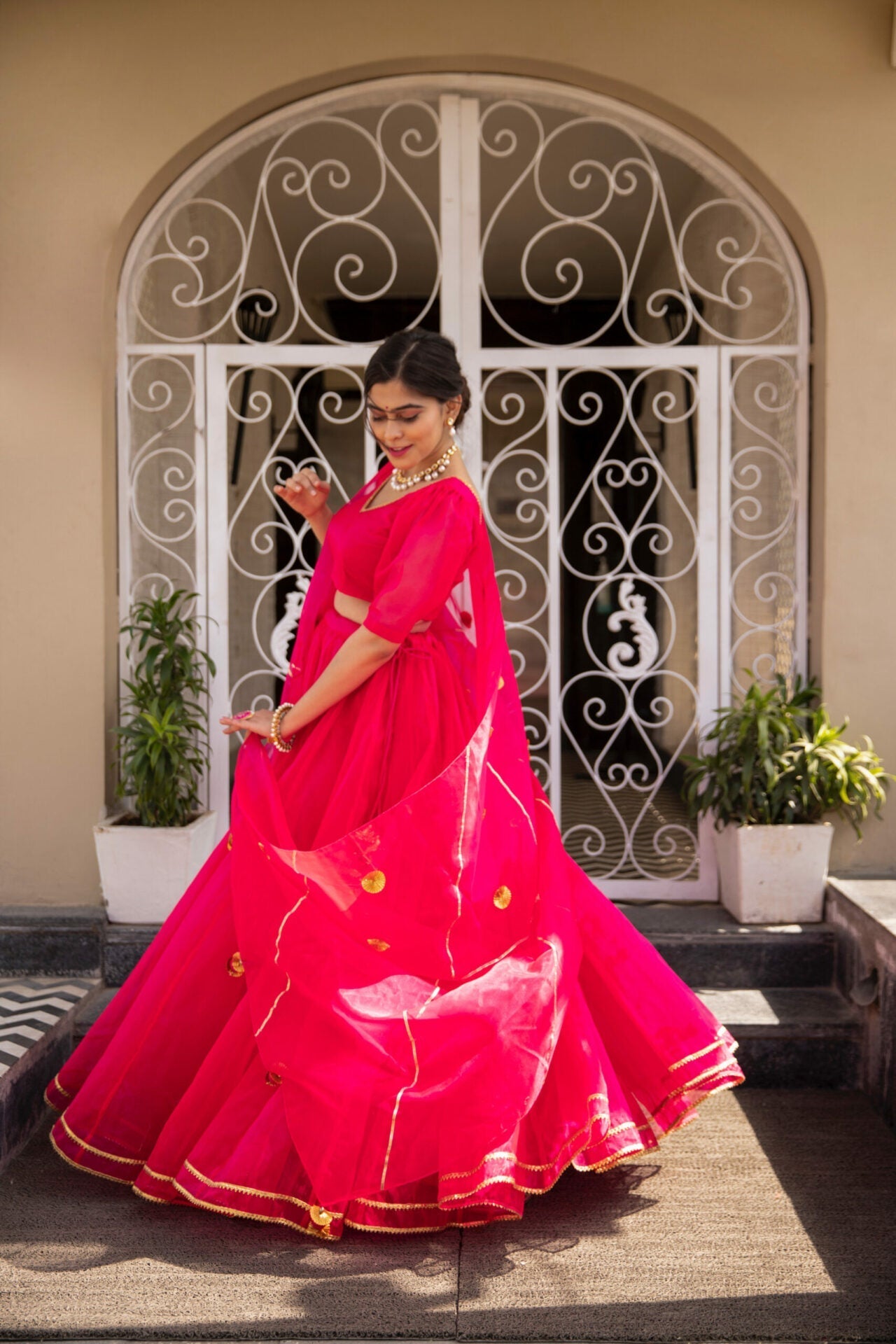 Pink Organza Puff Sleeves Fancy Lehenga Choli