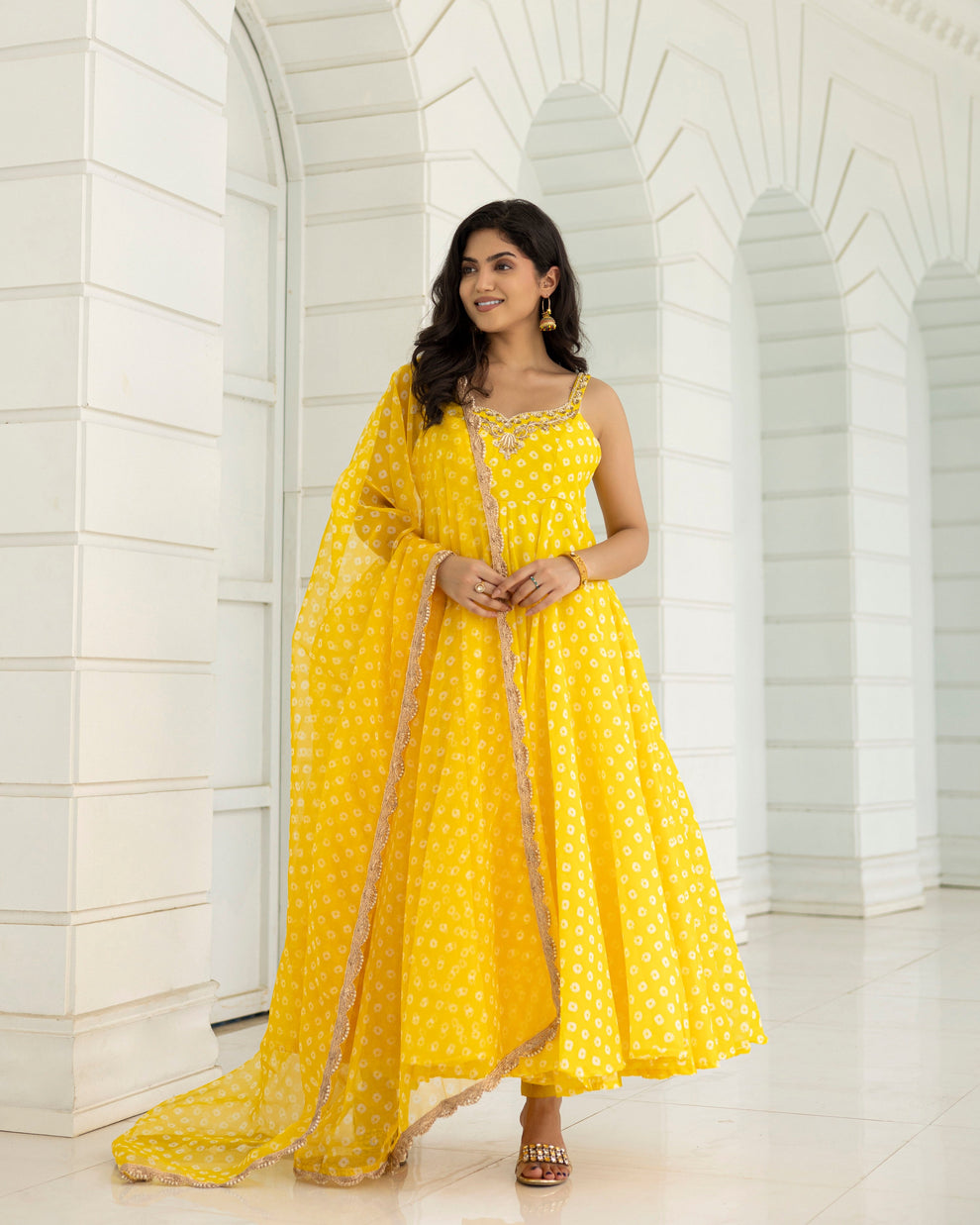 Bandhej Yellow Anarkali With Pants And Dupatta