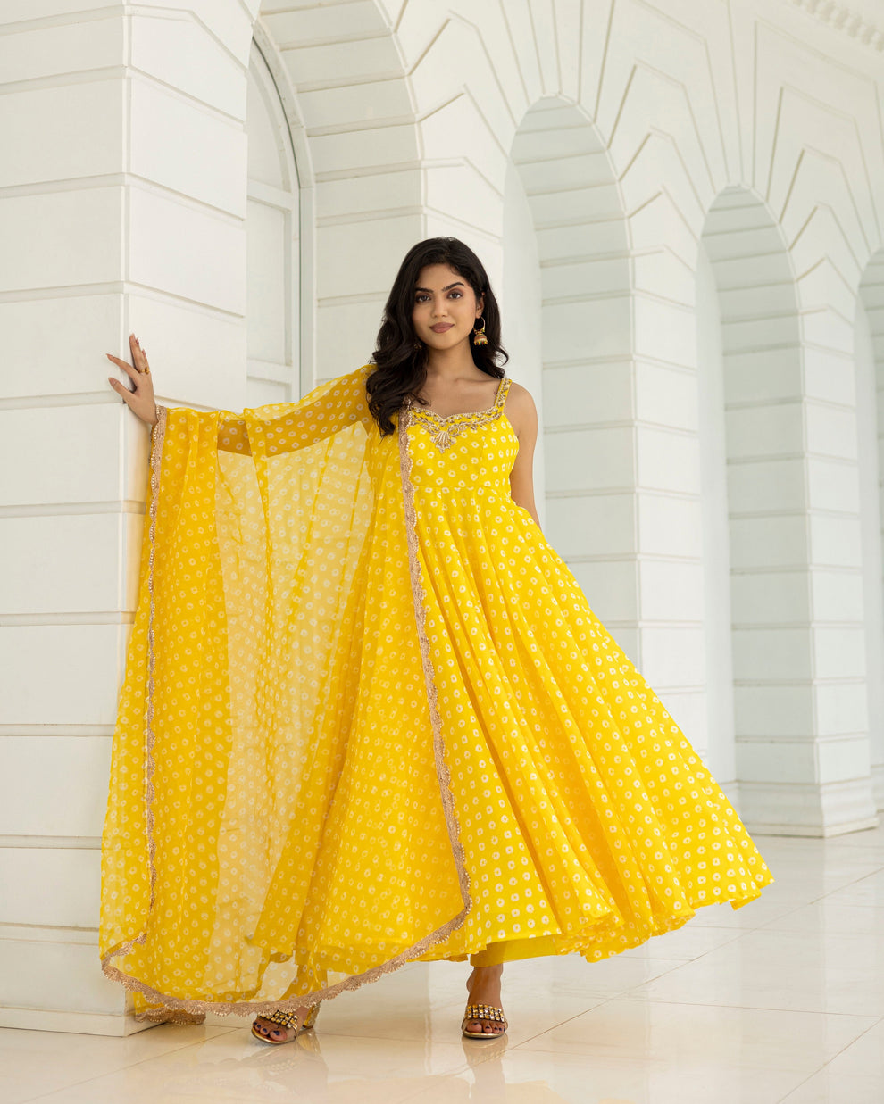 Bandhej Yellow Anarkali With Pants And Dupatta