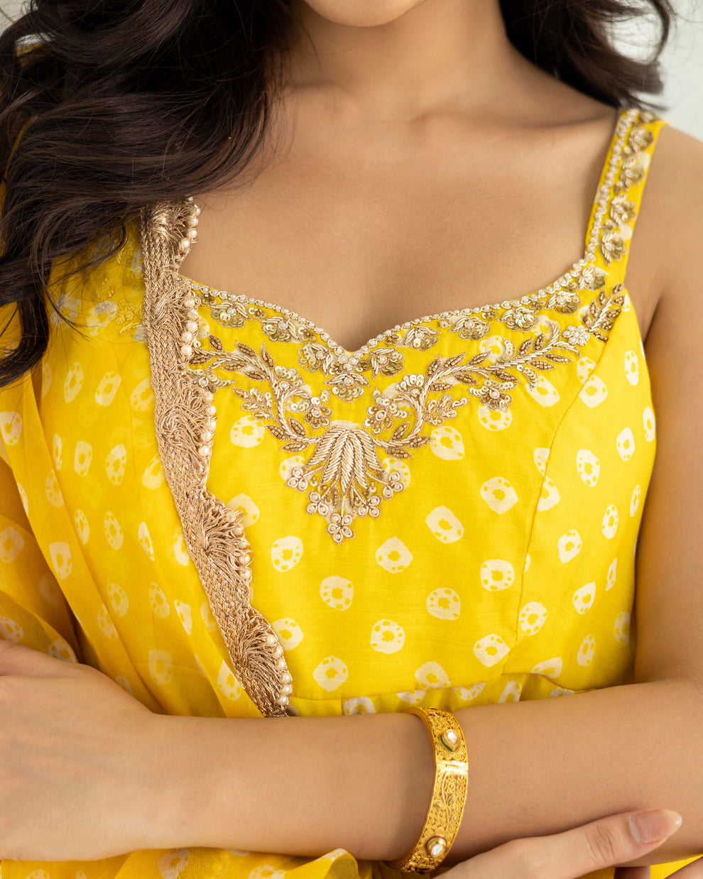 Bandhej Yellow Anarkali With Pants And Dupatta