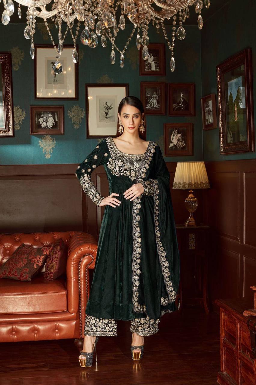 GREEN COLORED VELVET ANARKALI GOWN PLAZZO SET