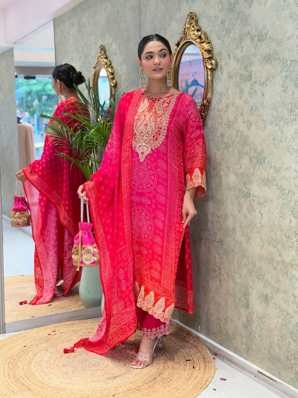 Royal Rani Pink Bandhej Kurta Set