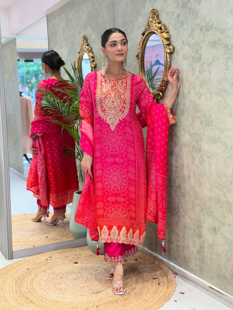 Royal Rani Pink Bandhej Kurta Set