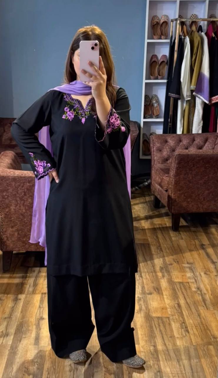 Noor e Siyah Regal Black with Purple Bloom Party Wear Suit Set