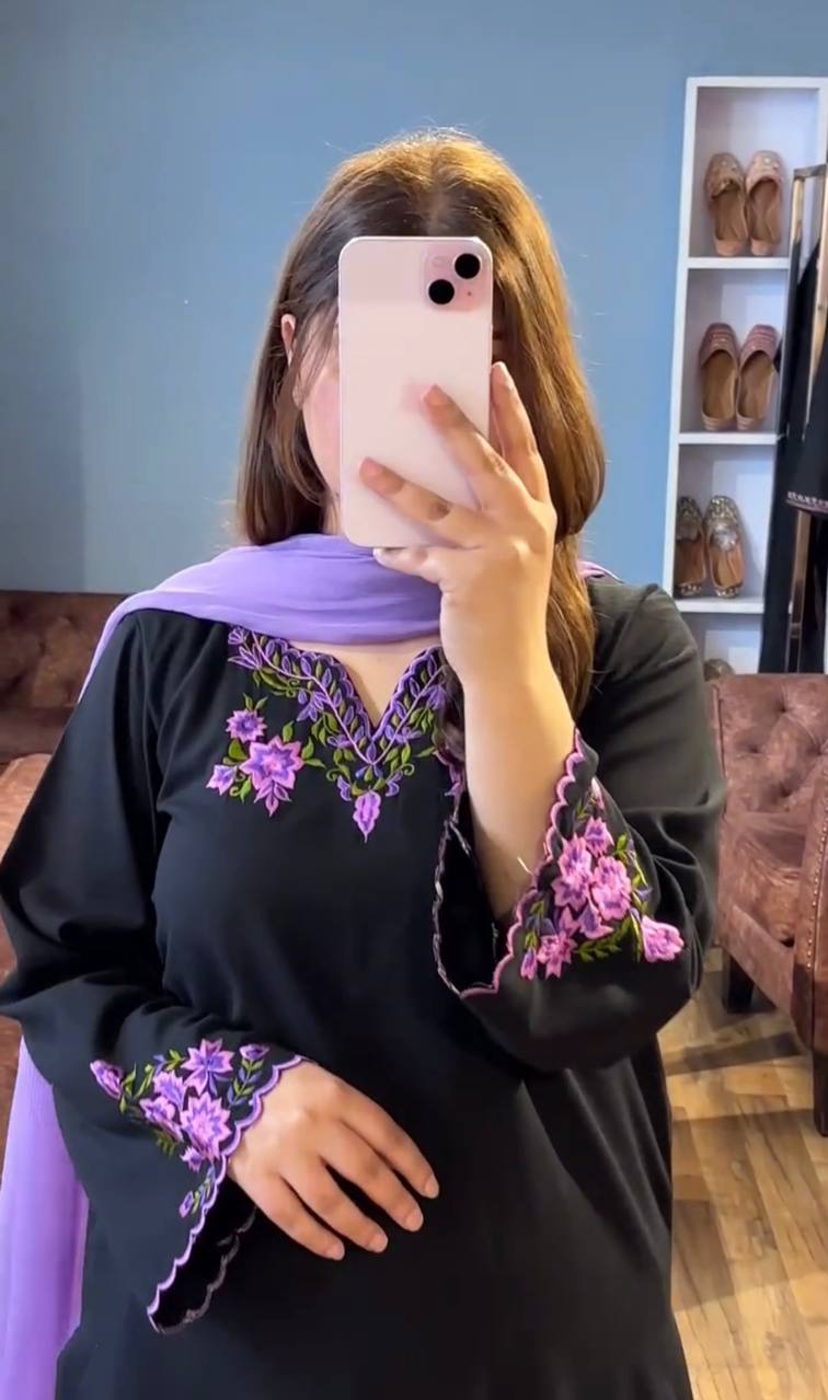 Noor e Siyah Regal Black with Purple Bloom Party Wear Suit Set