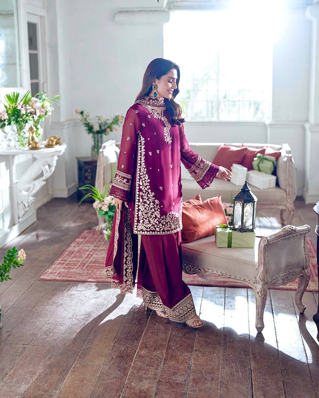 Daastaan e Raat Wine Toned Straight Suit