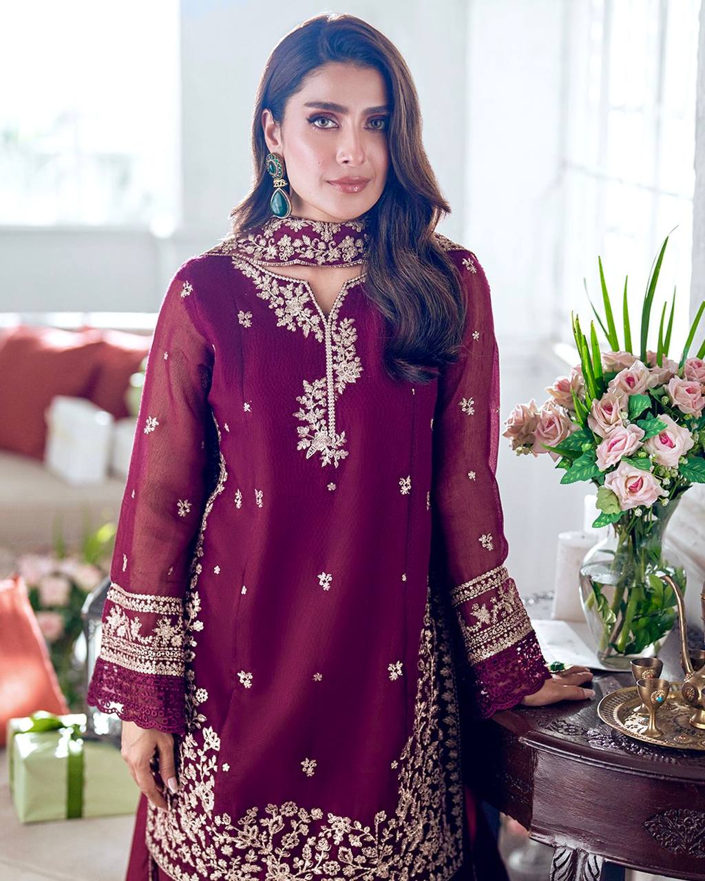 Daastaan e Raat Wine Toned Straight Suit