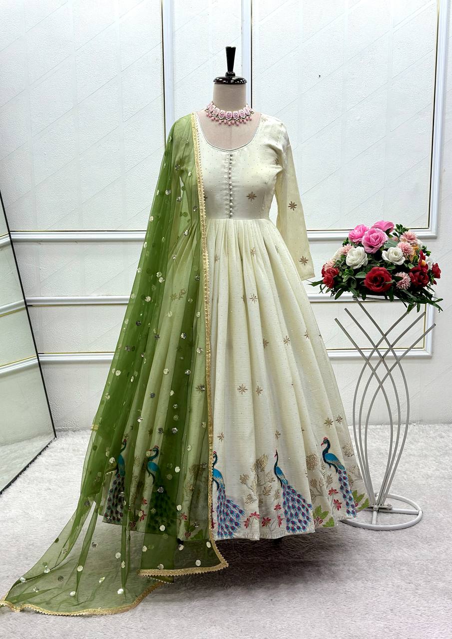 Ivory Grace Anarkali with Royal Peacock Embroidery & Olive Net Dupatta