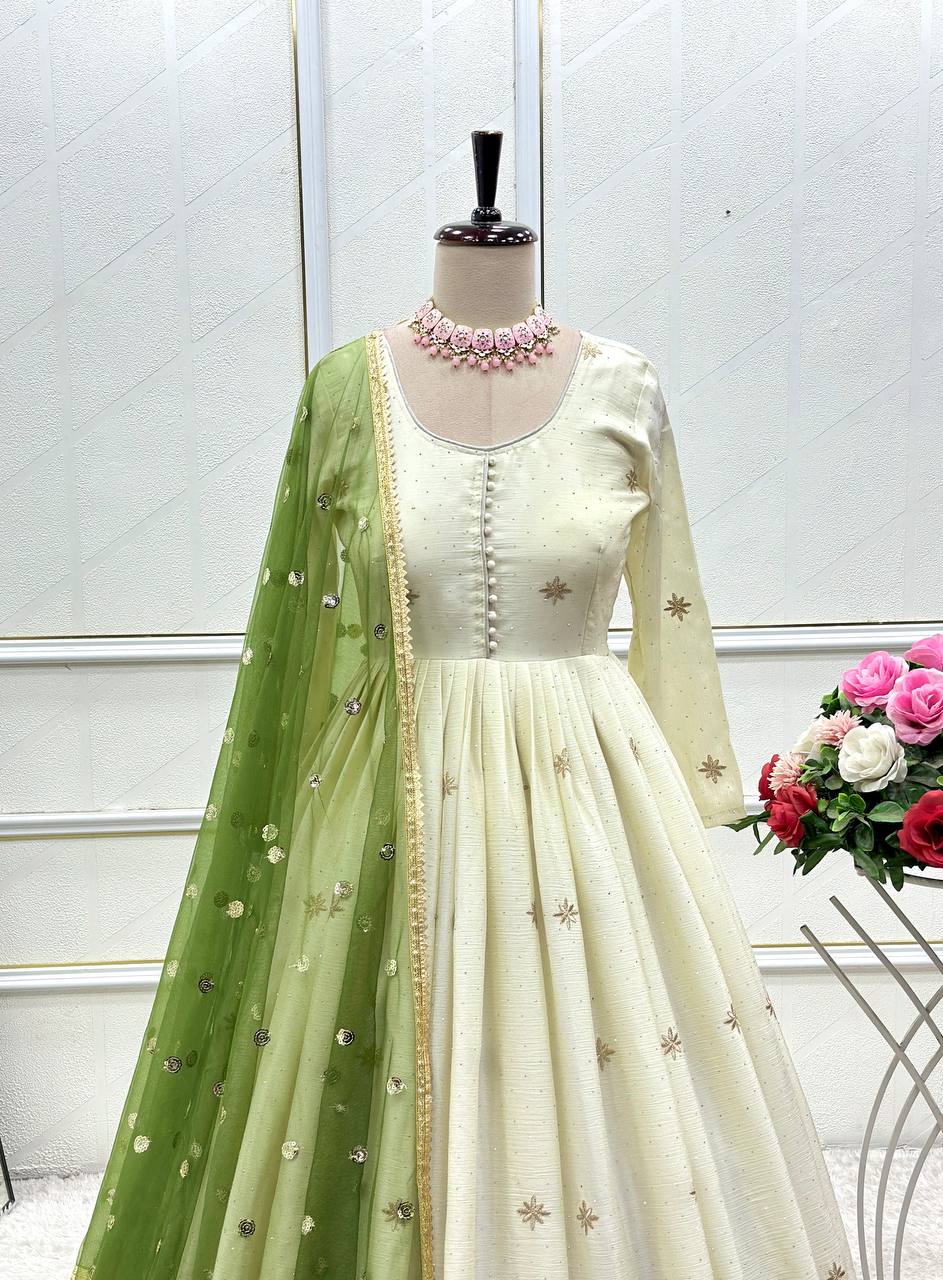 Ivory Grace Anarkali with Royal Peacock Embroidery & Olive Net Dupatta