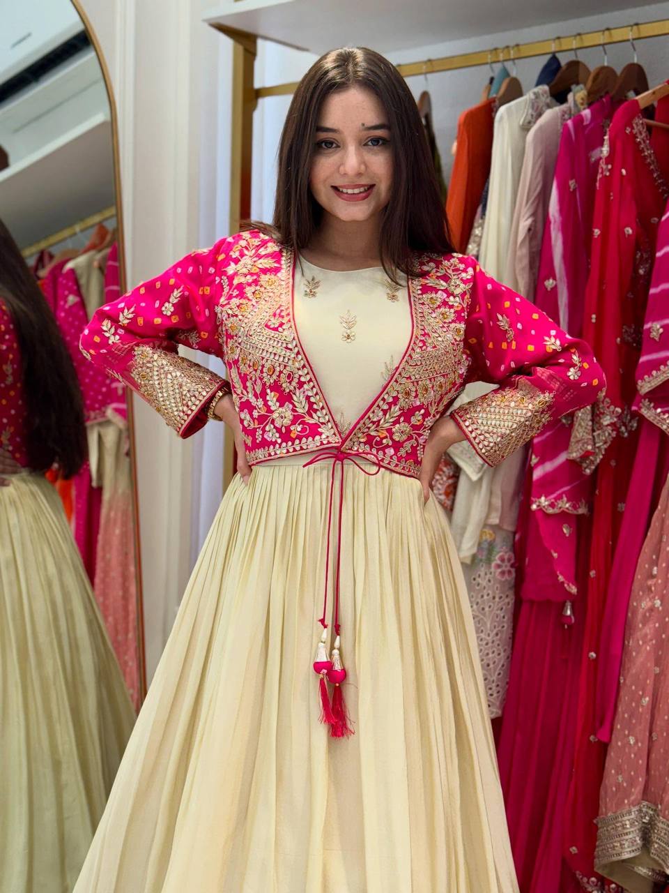 Rajwada Rose Flared Cream Anarkali Set