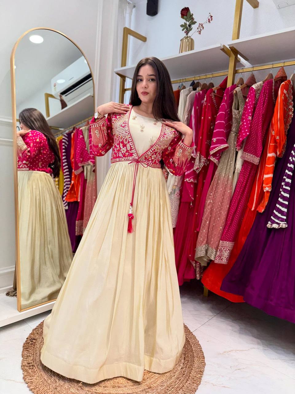 Rajwada Rose Flared Cream Anarkali Set