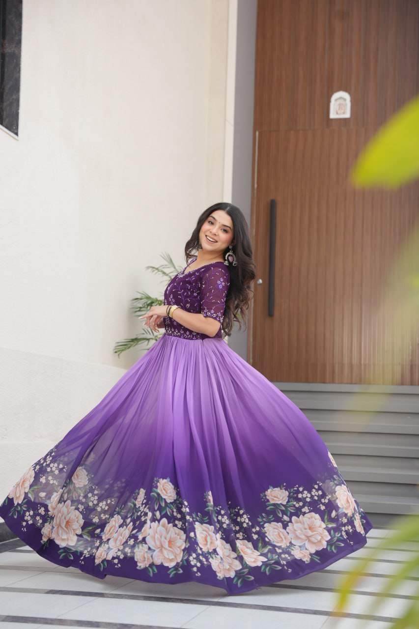 Sara Rich Floral Digital Print Designer Anarkali Gown
