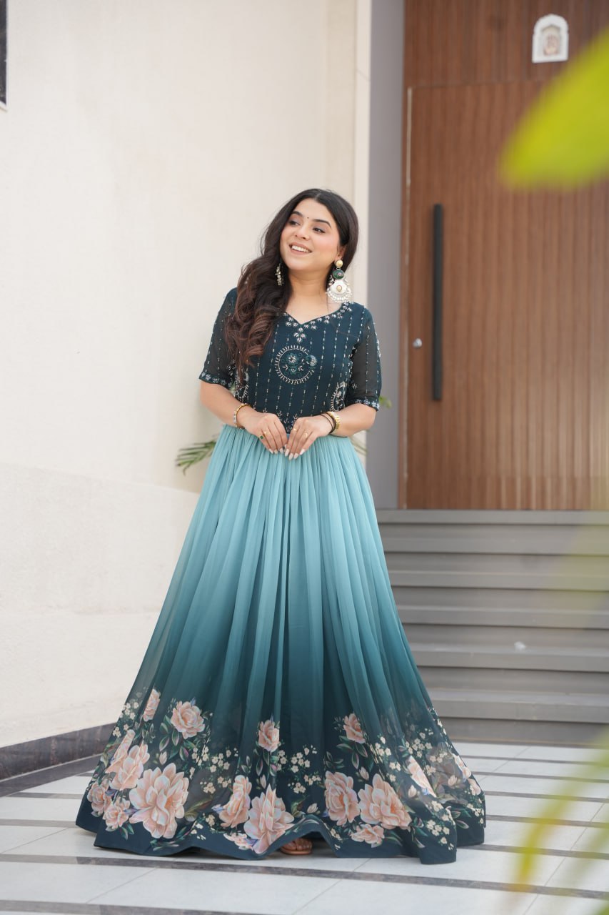 Sara Rich Floral Digital Print Designer Anarkali Gown