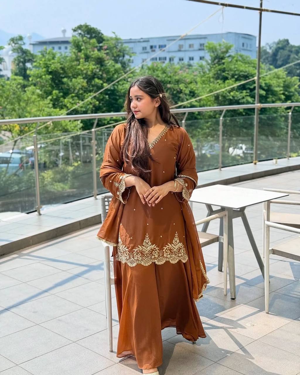 Caramel Elegance Embroidered Party Wear Top Sharara Set