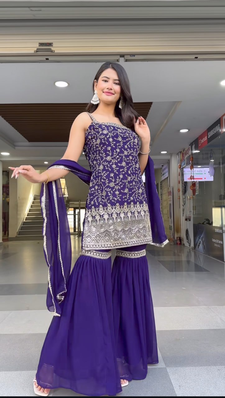 Jasmine Royal Plum Designer Heavy Embroidery Sharara Set
