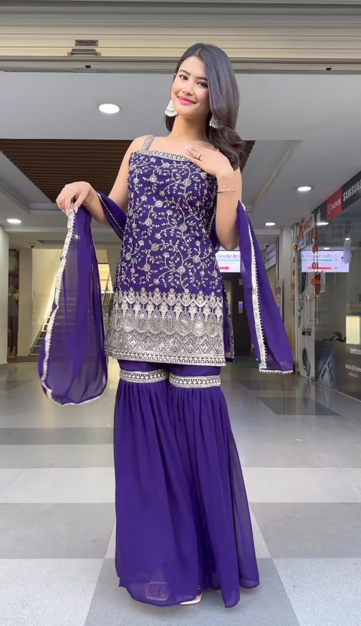Jasmine Royal Plum Designer Heavy Embroidery Sharara Set