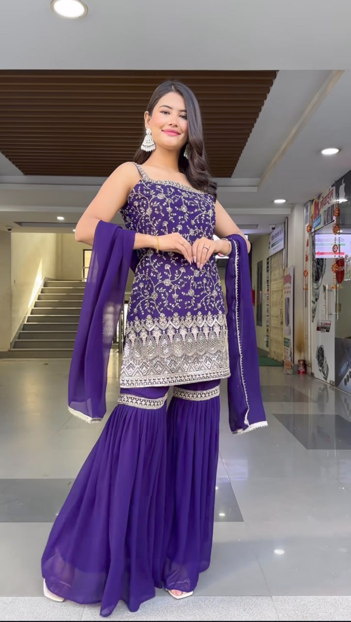 Jasmine Royal Plum Designer Heavy Embroidery Sharara Set