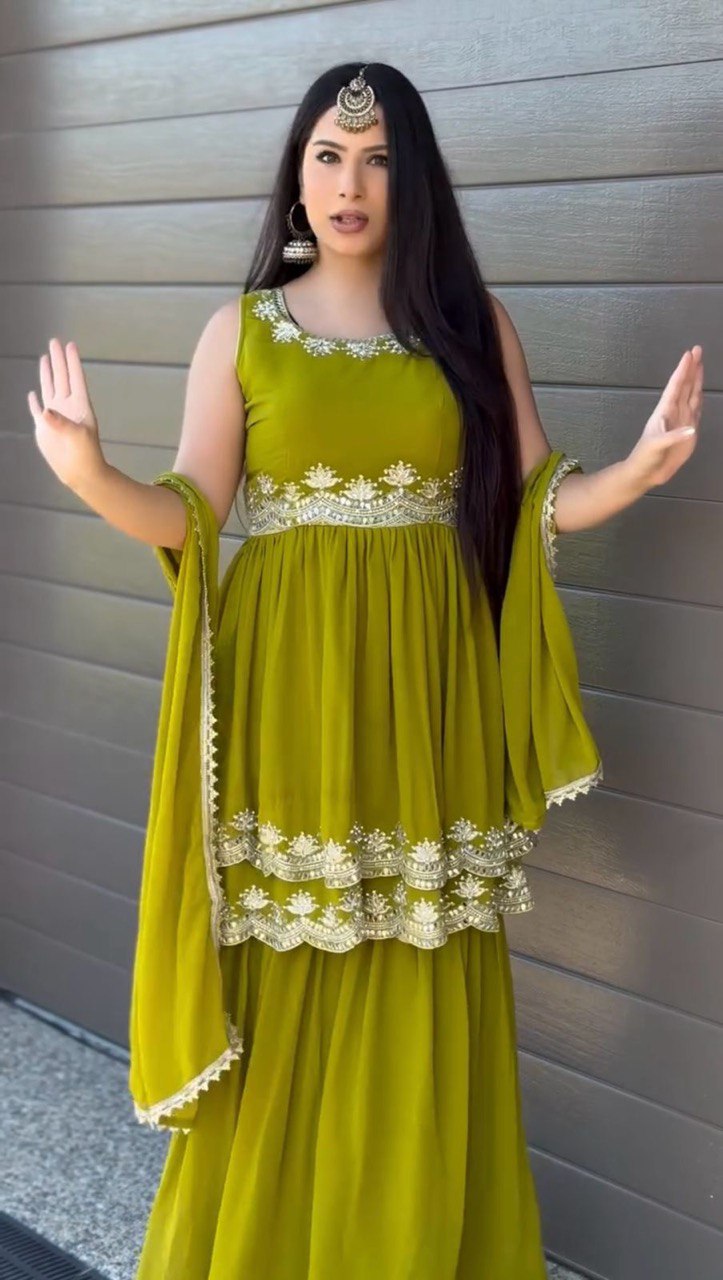 Zaitoon Zariya Embroidered Olive Green Sharara Set