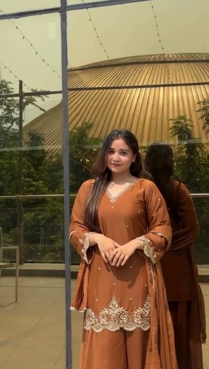 Caramel Elegance Embroidered Party Wear Top Sharara Set