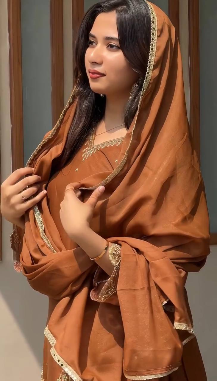 Caramel Elegance Embroidered Party Wear Top Sharara Set