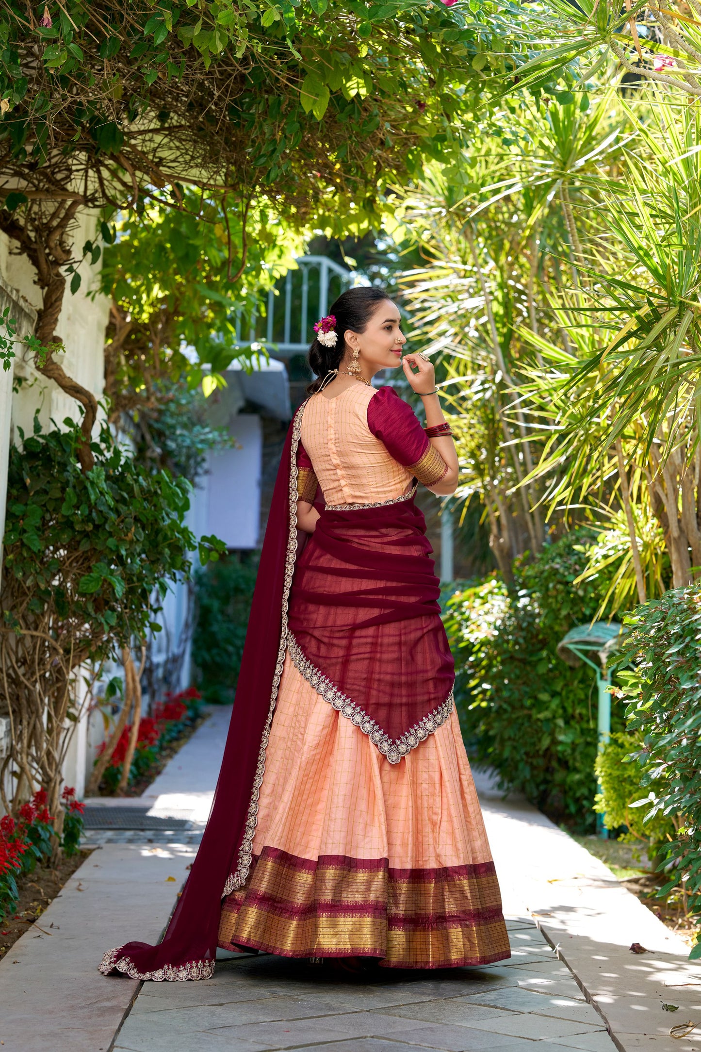 Peach Royale & Navy Lime Gold Zari Embroidered Lehenga Choli
