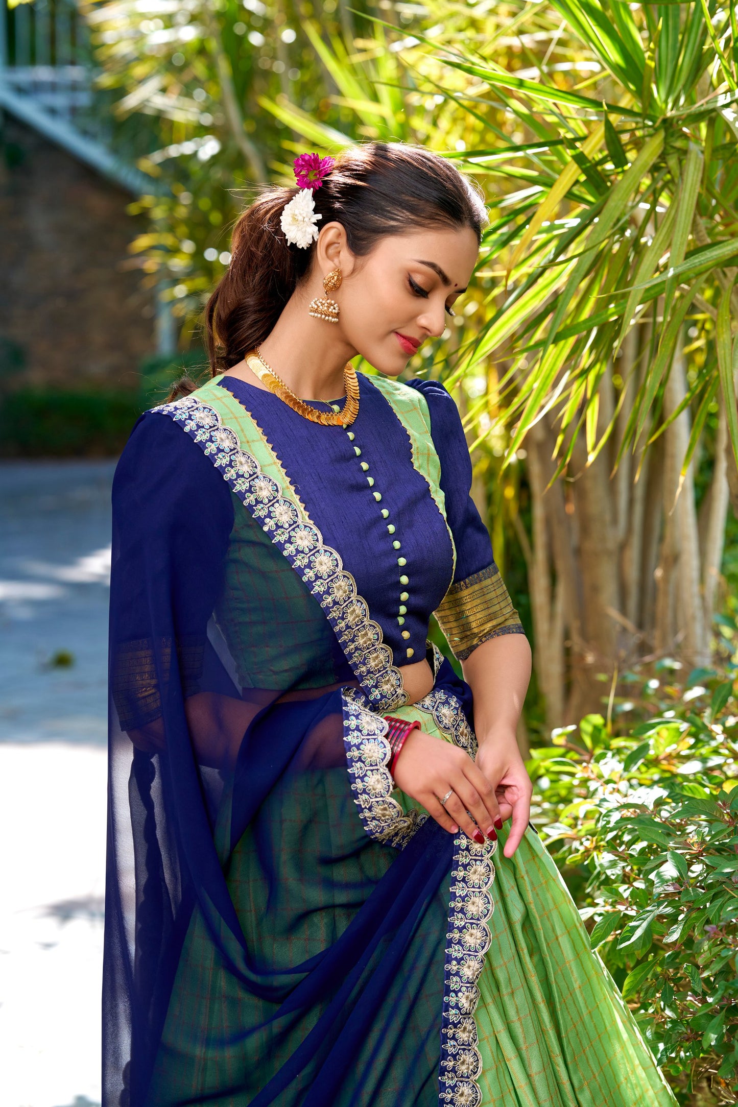 Peach Royale & Navy Lime Gold Zari Embroidered Lehenga Choli