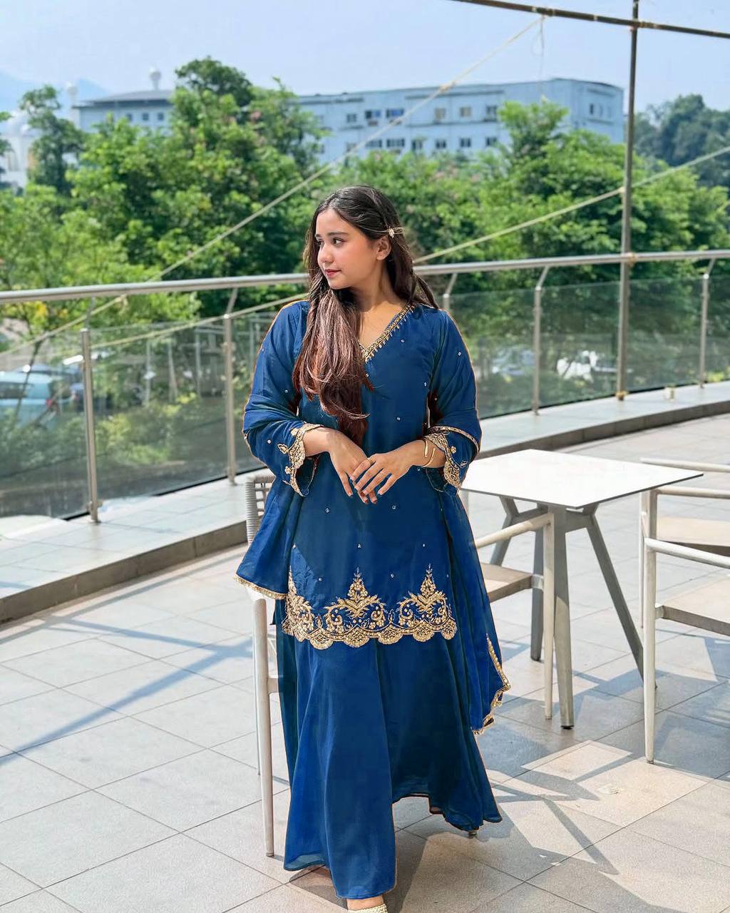 Caramel Elegance Embroidered Party Wear Top Sharara Set
