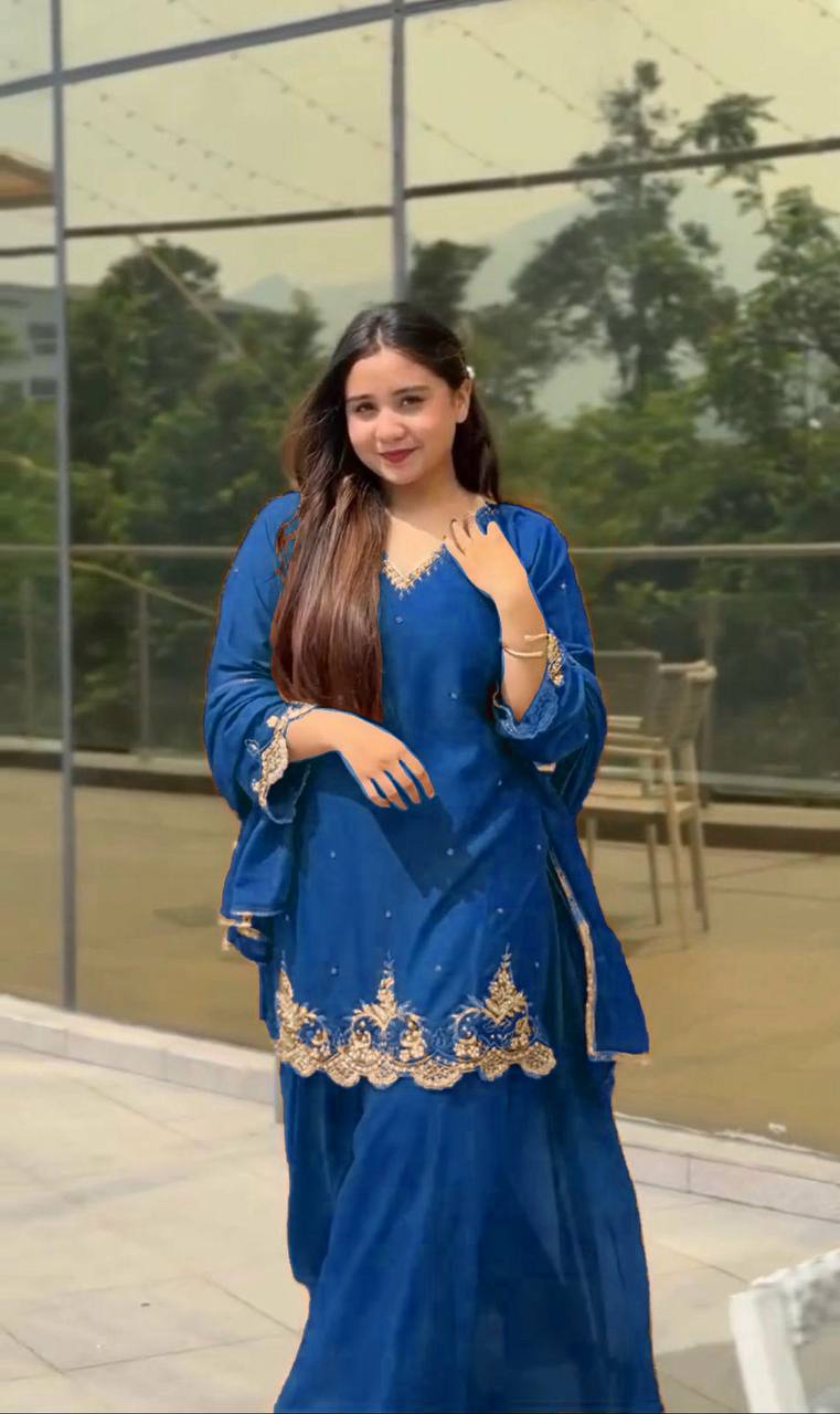 Caramel Elegance Embroidered Party Wear Top Sharara Set