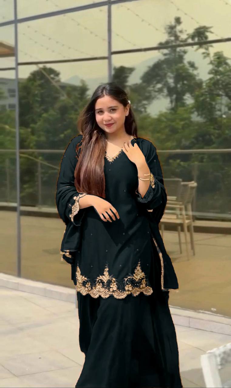 Caramel Elegance Embroidered Party Wear Top Sharara Set