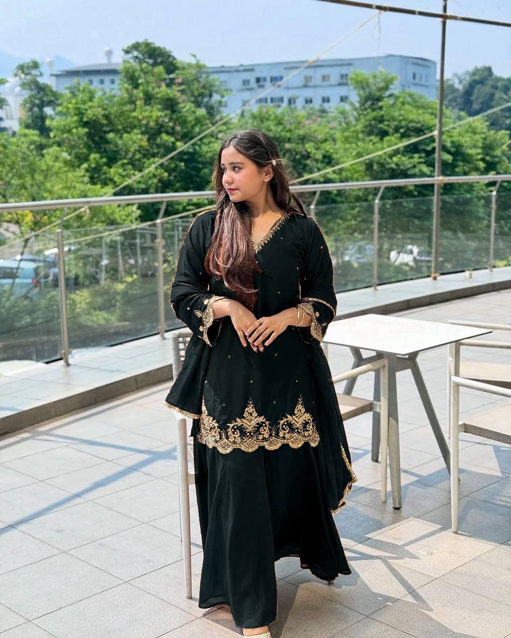 Caramel Elegance Embroidered Party Wear Top Sharara Set