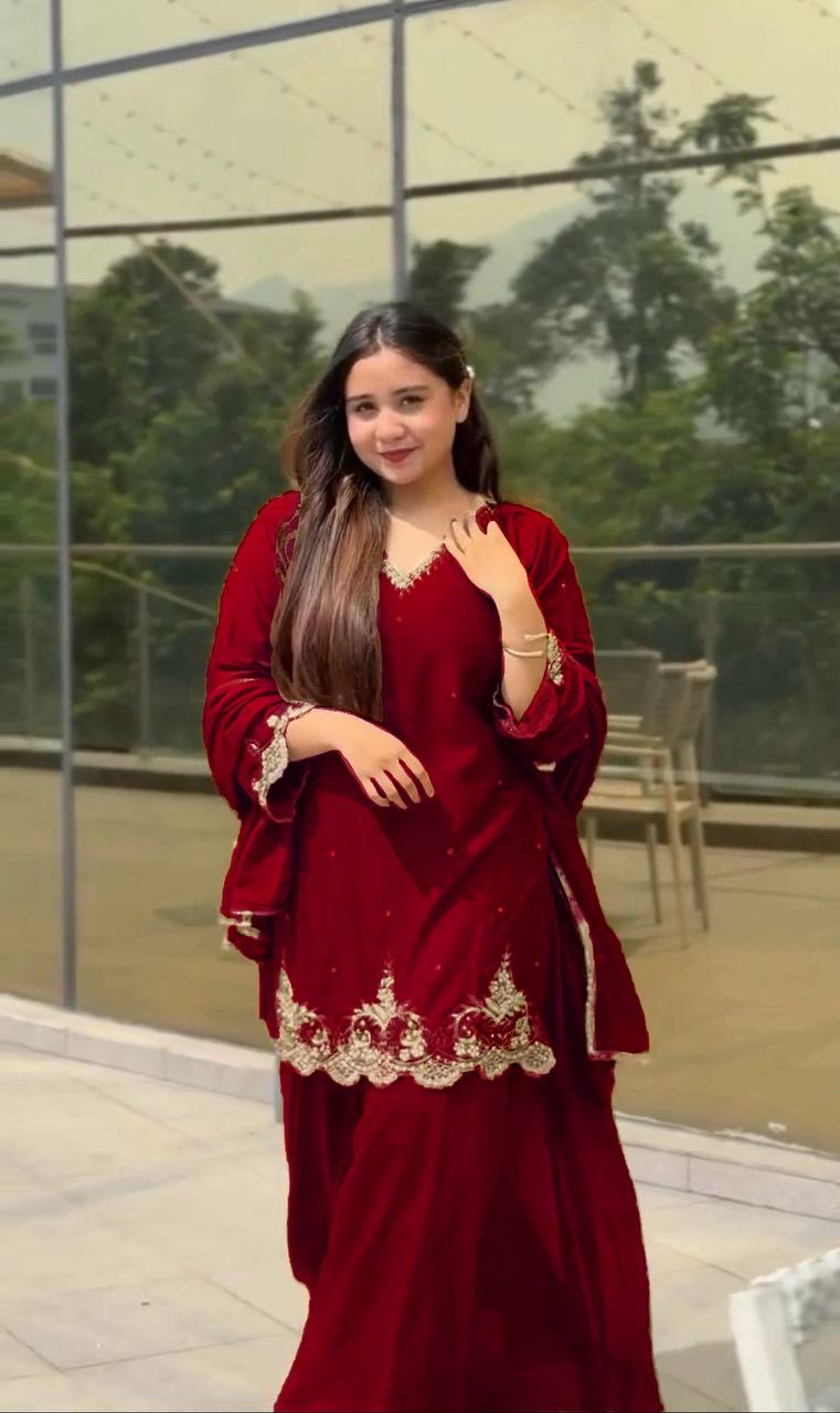 Caramel Elegance Embroidered Party Wear Top Sharara Set