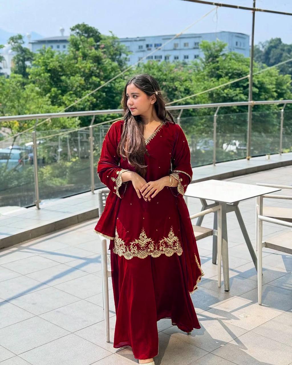 Caramel Elegance Embroidered Party Wear Top Sharara Set