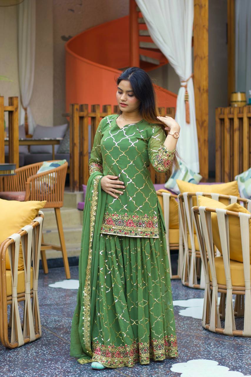 Aaravi Gold Zari Glimmers on Royal Weaves Sharara Set