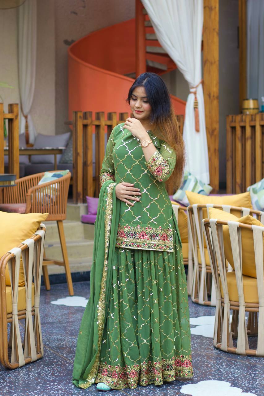 Aaravi Gold Zari Glimmers on Royal Weaves Sharara Set