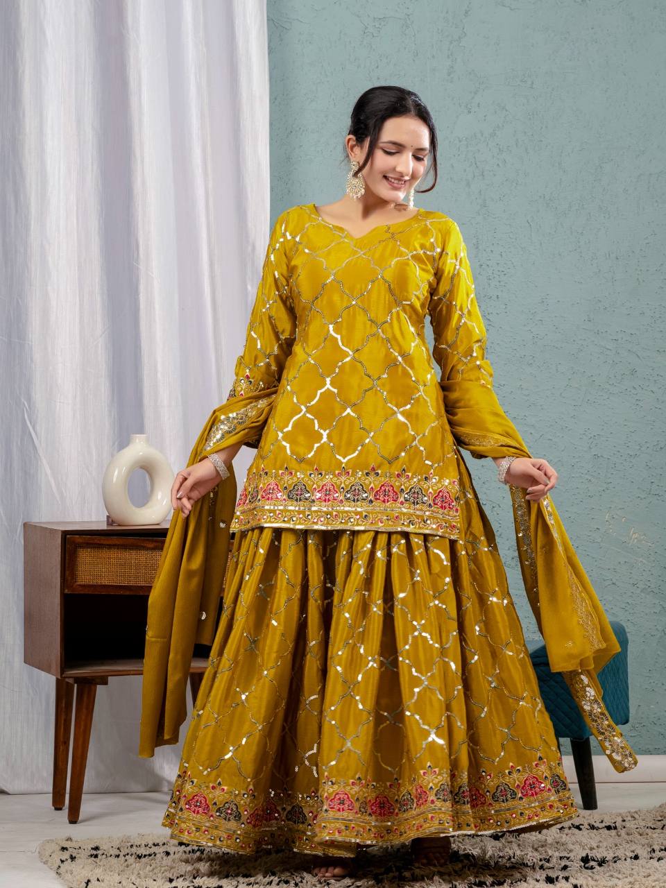 Aaravi Gold Zari Glimmers on Royal Weaves Sharara Set