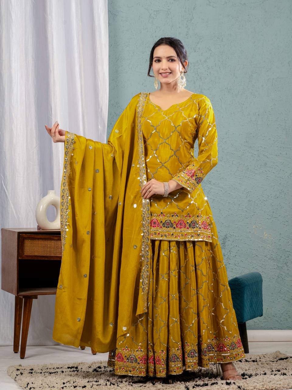 Aaravi Gold Zari Glimmers on Royal Weaves Sharara Set