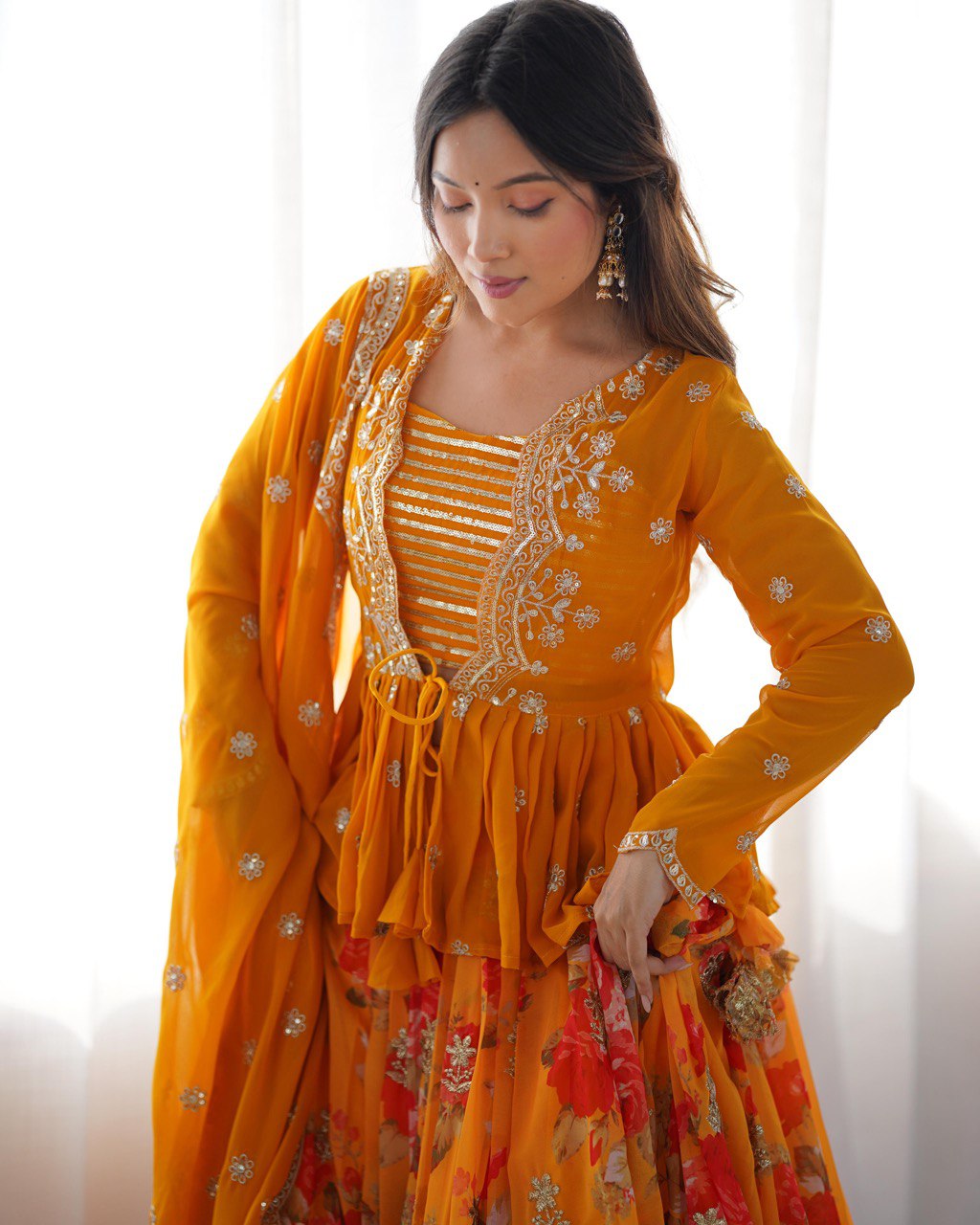 Saffron Bloom Embroidered Designer Peplum Lehenga Set