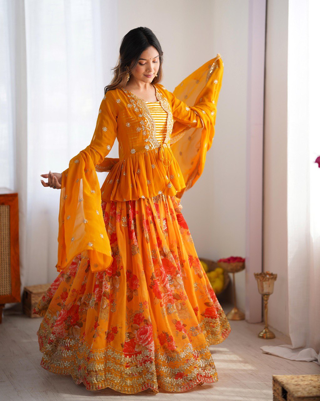 Saffron Bloom Embroidered Designer Peplum Lehenga Set