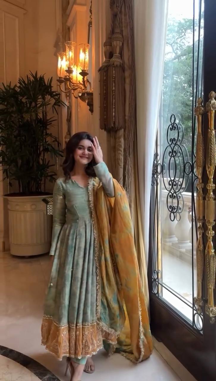 Royal Raaga Hand Dyed Olive & Mustard Gota Lace Border Gown
