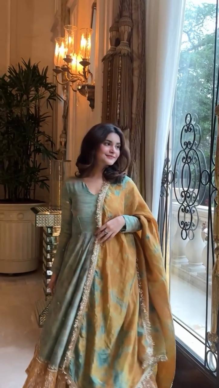 Royal Raaga Hand Dyed Olive & Mustard Gota Lace Border Gown