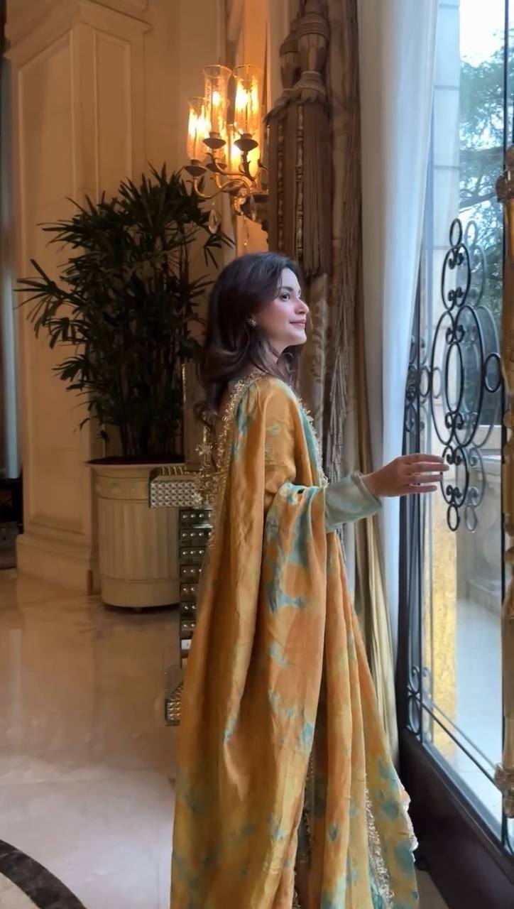 Royal Raaga Hand Dyed Olive & Mustard Gota Lace Border Gown