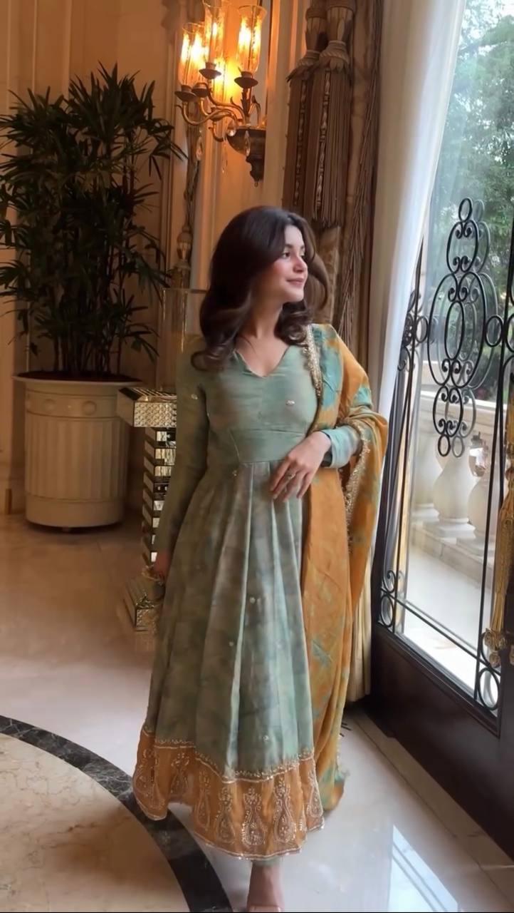 Royal Raaga Hand Dyed Olive & Mustard Gota Lace Border Gown