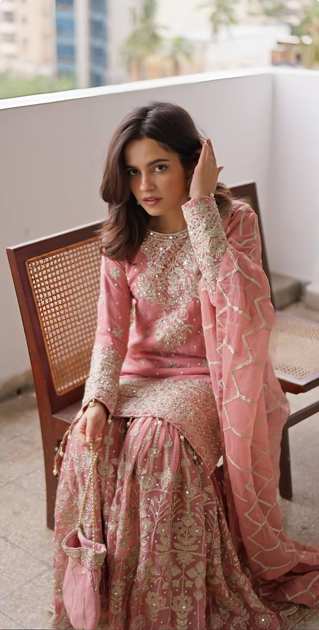 Pearl Rose Mist rivet moti Top Plazzo Set