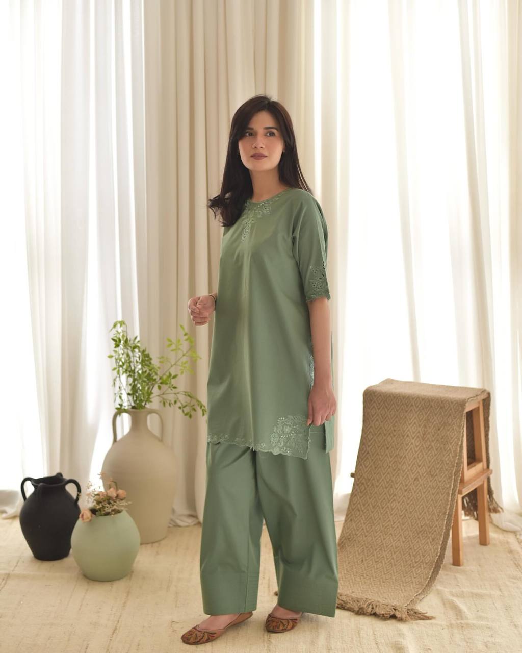 Aaira Olive Green Franch Crep Fancy Top And Salvar