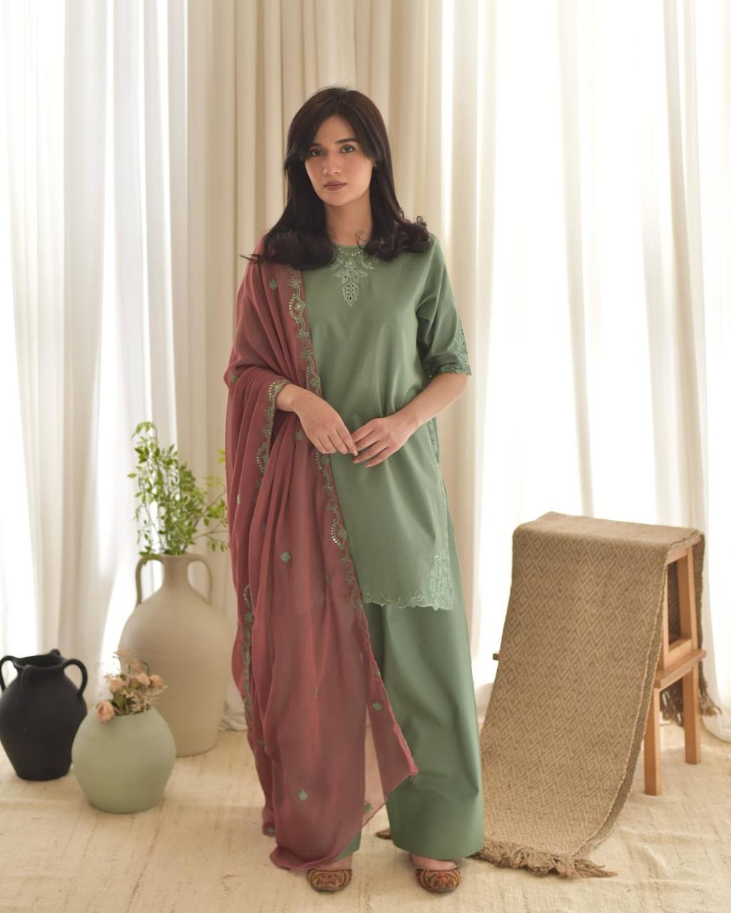 Aaira Olive Green Franch Crep Fancy Top And Salvar