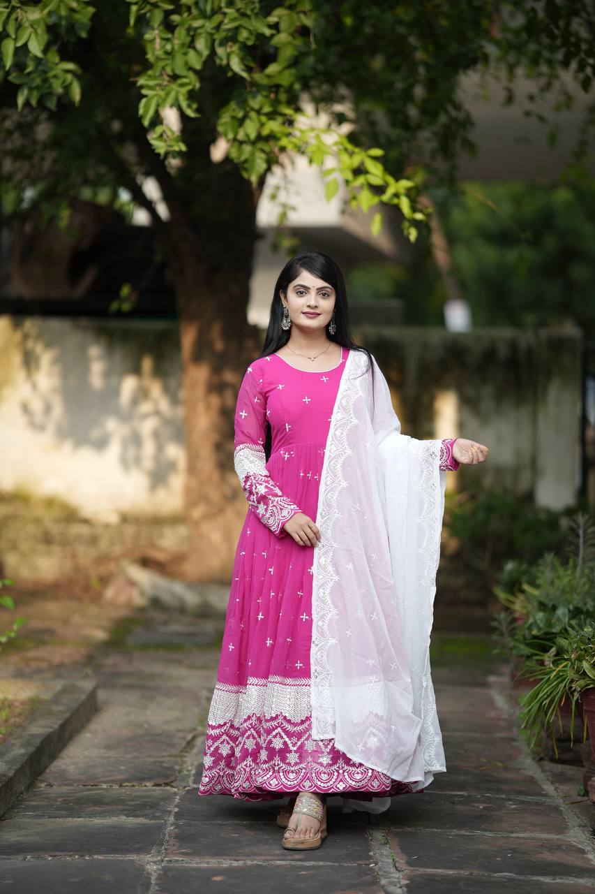 Blush Bloom Pink Embroidered Anarkali Set with White Lace Dupatta