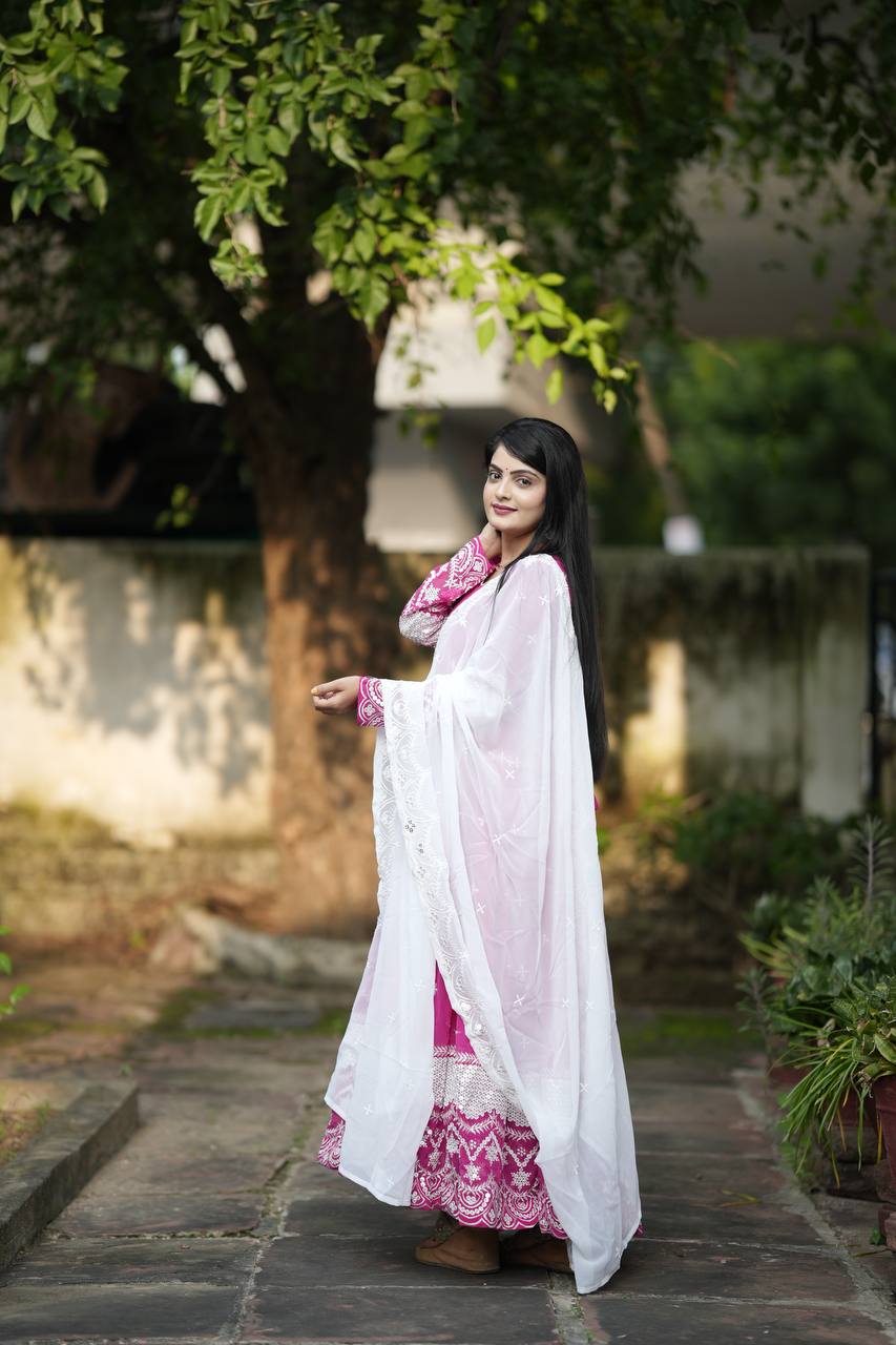 Blush Bloom Pink Embroidered Anarkali Set with White Lace Dupatta