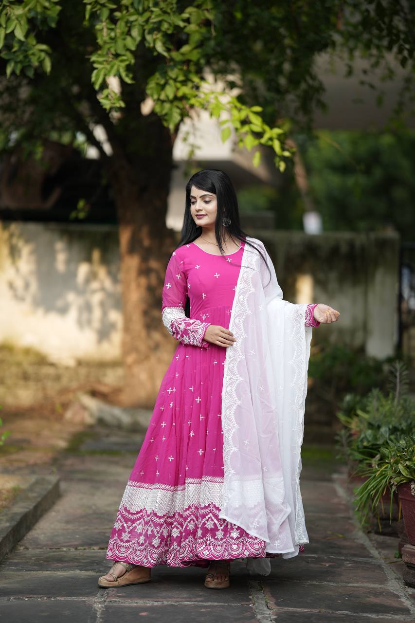 Blush Bloom Pink Embroidered Anarkali Set with White Lace Dupatta